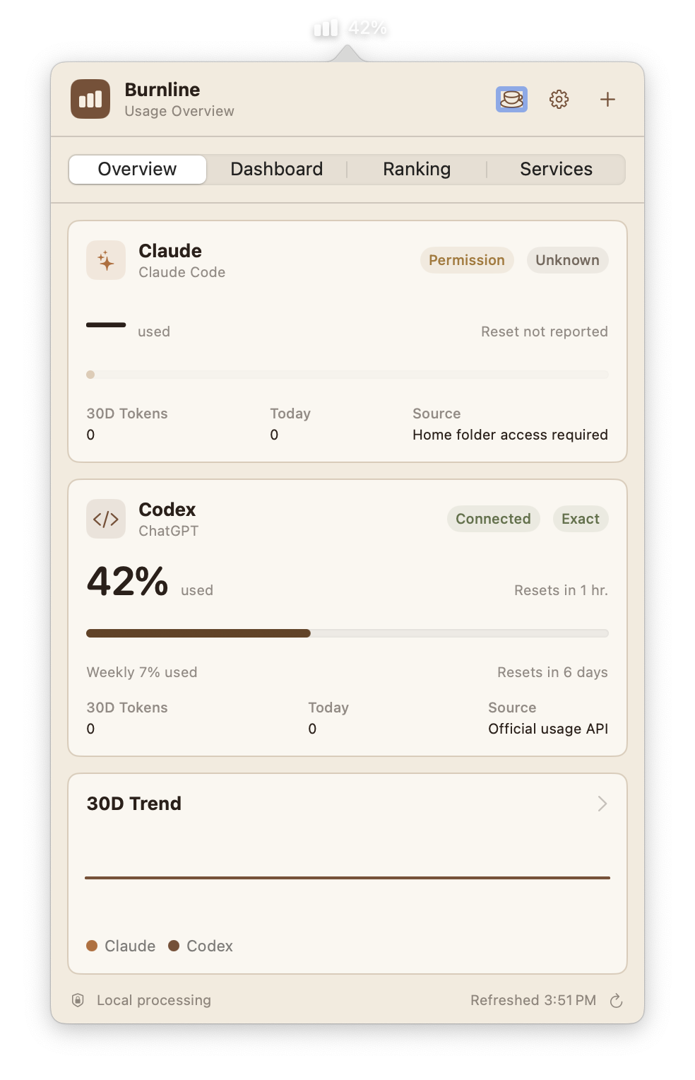 Burnline menu bar popover showing Claude and Codex usage windows